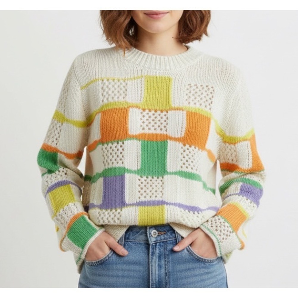 LUMIERE SWEATER Off-white MULTICOLOR PATCHWORK BLOCKS Colorblock OPEN WEAVE sz L